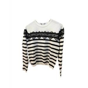 NEW AUTUMN CASHMERE women's lace breton stripe crewneck sweater in black combo
